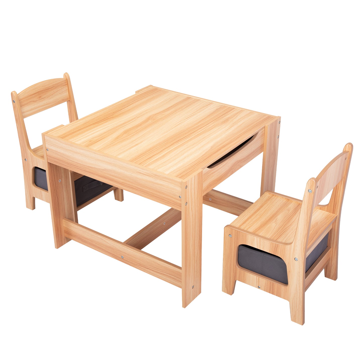 3-in-1 Kids Wood Table and 2 Chairs, Children Activity Table Set with Storage, Blackboard, Double-Sided Table for Drawing