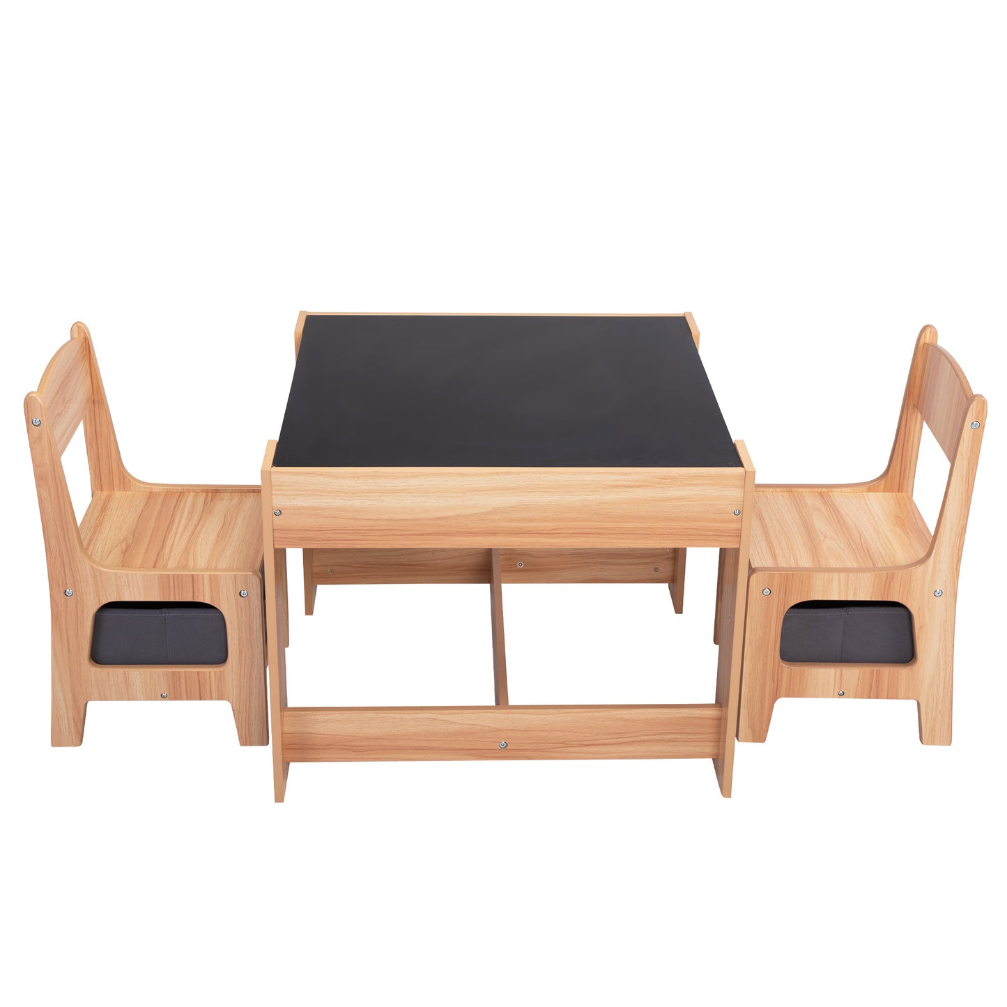 3-in-1 Kids Wood Table and 2 Chairs, Children Activity Table Set with Storage, Blackboard, Double-Sided Table for Drawing