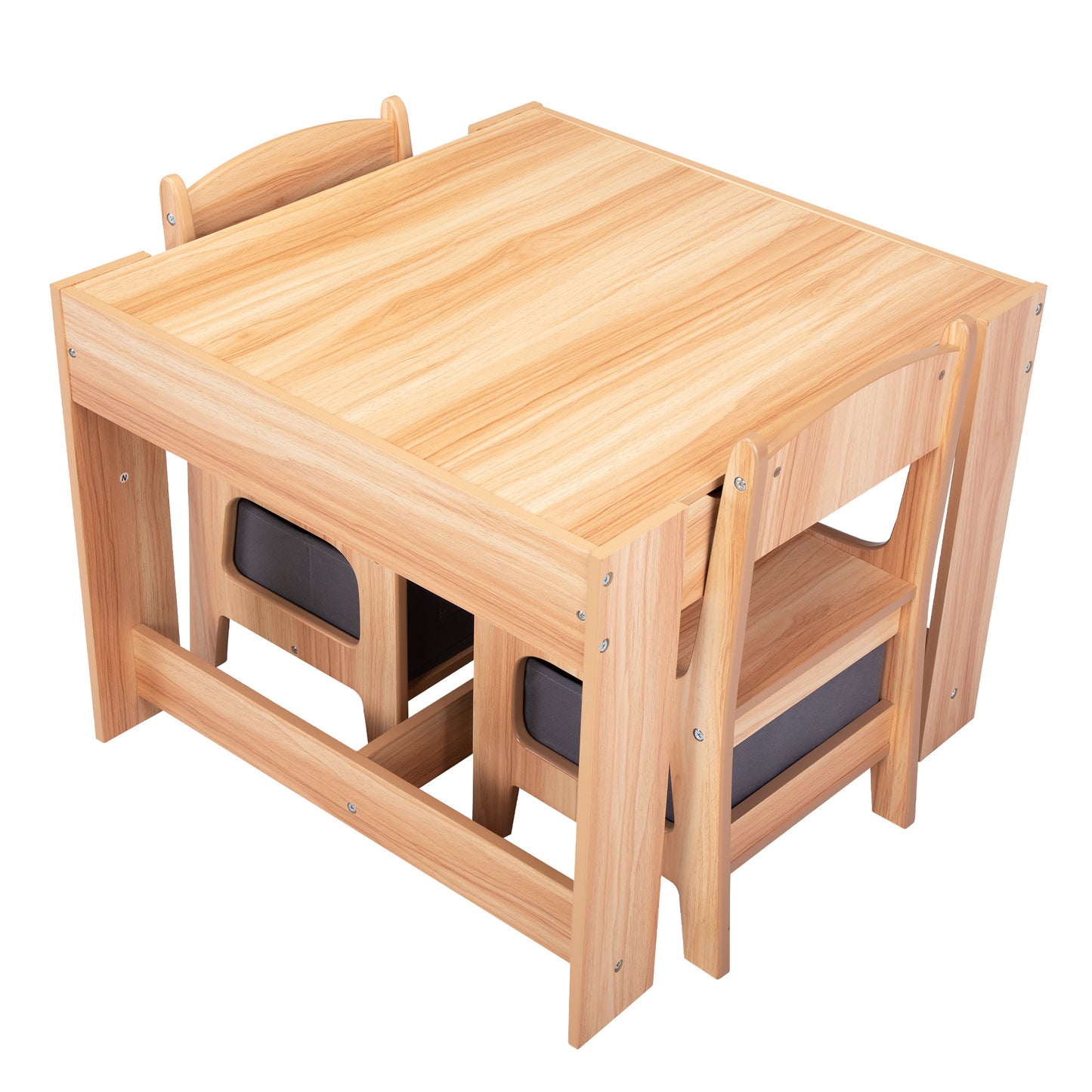 3-in-1 Kids Wood Table and 2 Chairs, Children Activity Table Set with Storage, Blackboard, Double-Sided Table for Drawing