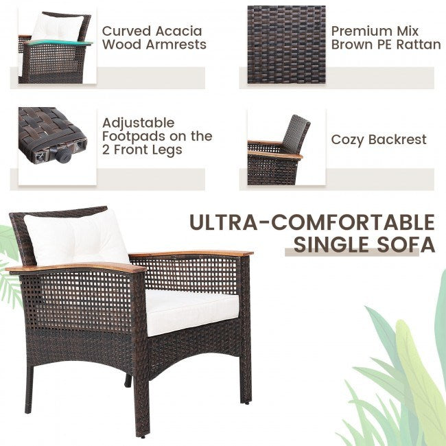 3 Pieces Patio Rattan Furniture Set with Acacia Wood Tabletop