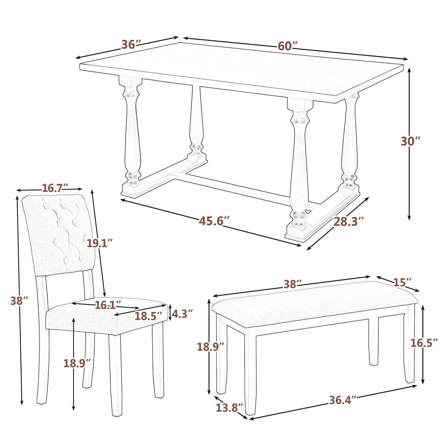 6-Piece Dining Table and Chair Set with Special-shaped Legs and Foam-covered Seat Backs&Cushions for Dining Room