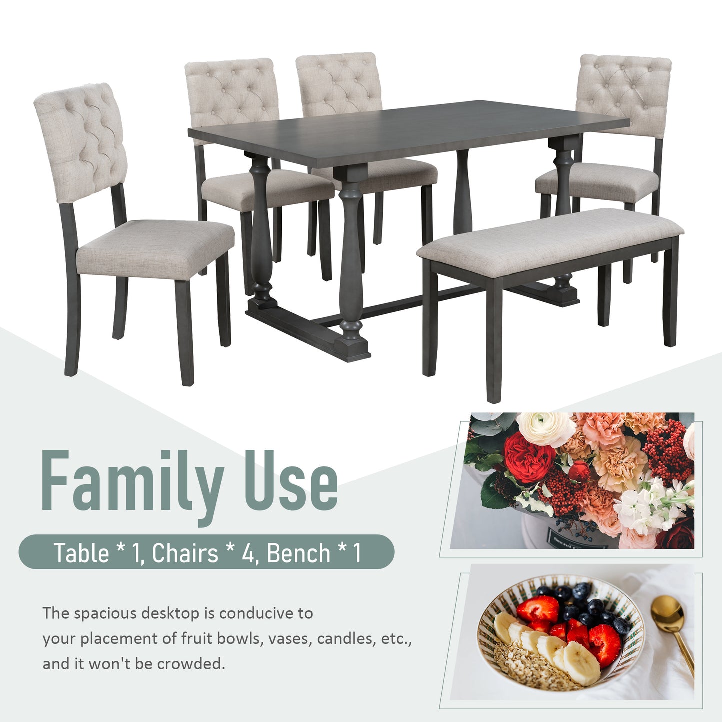 6-Piece Dining Table and Chair Set with Special-shaped Legs and Foam-covered Seat Backs&Cushions for Dining Room