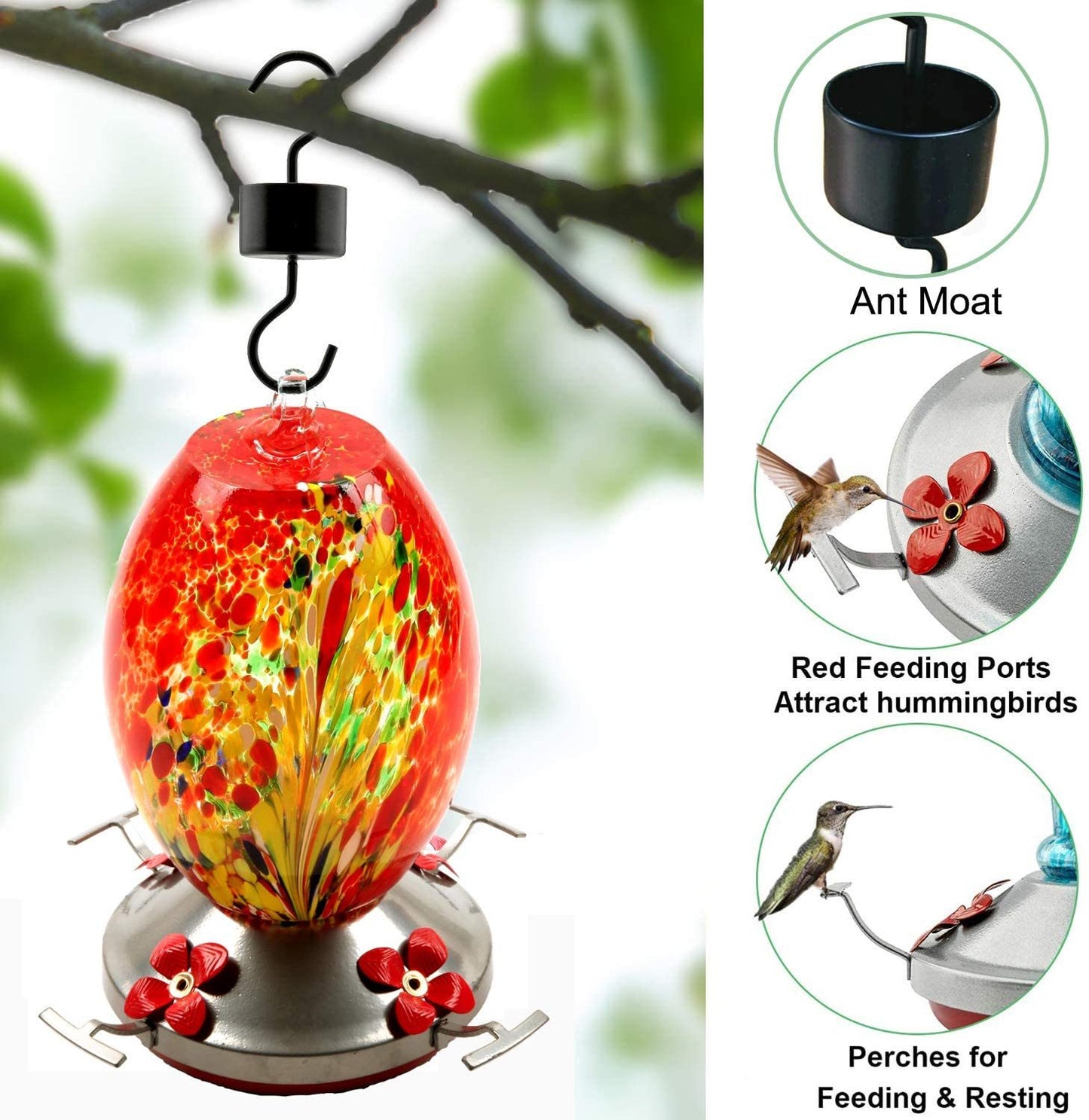 Garden Hummingbird Feeder with Perch - Hand Blown Glass