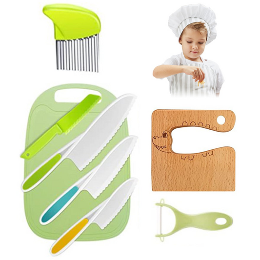 8 PCS Wooden Kids Safe Knives for Real Cooking Include Wood Kids Kitchen Knife Plastic Cutting Board Peeler Potato Slicers Cooking Knives Serrated Edges Toddler Knife for Kitchen