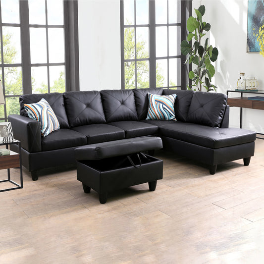 Black Faux Leather 3-Piece Couch Living Room Sofa Set B