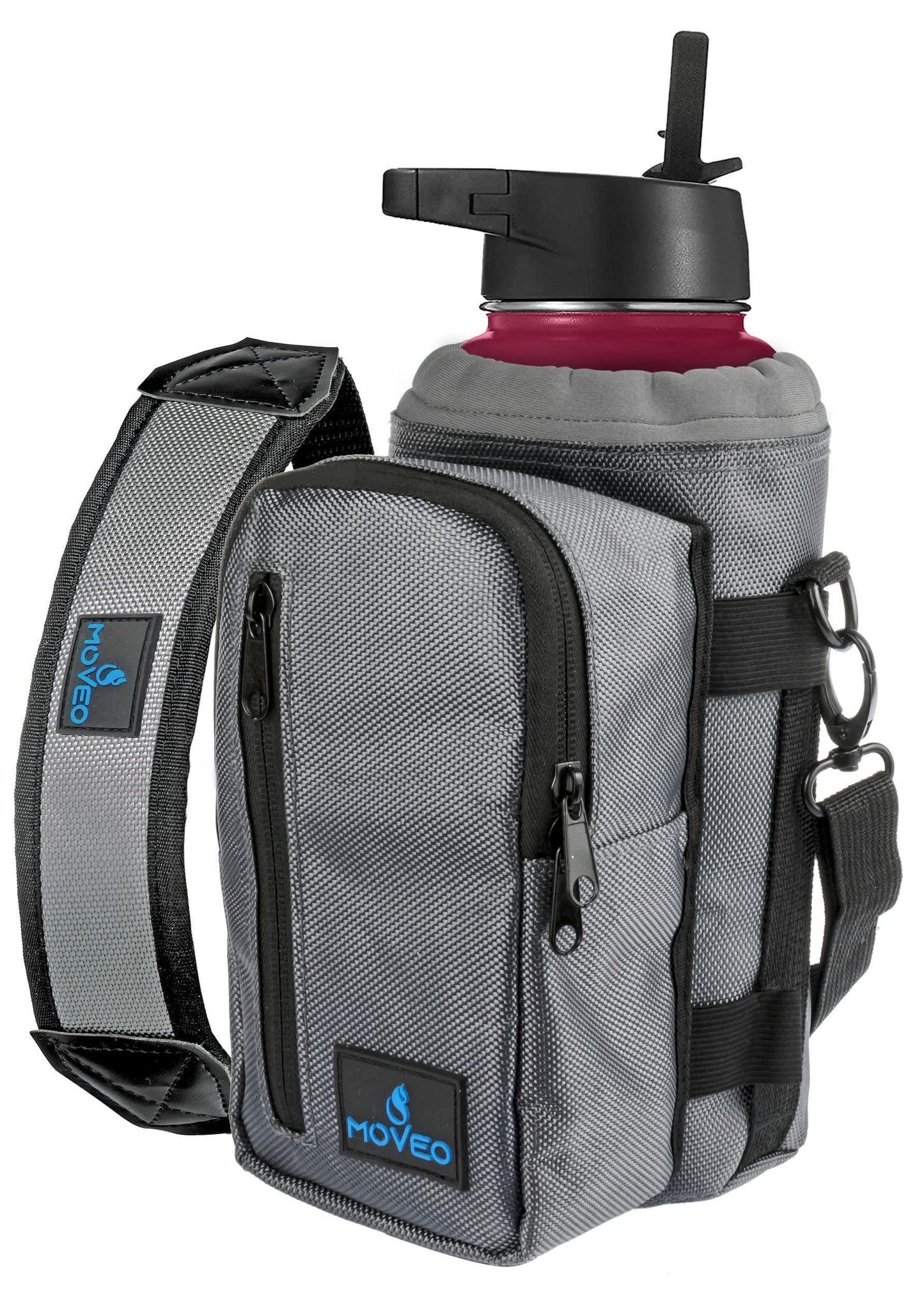 Water Bottle Holder Carrier Bottle Cooler w Adjustable Shoulder Strap and Front Pockets Suitable for 16 oz to 25oz Bottles Gray