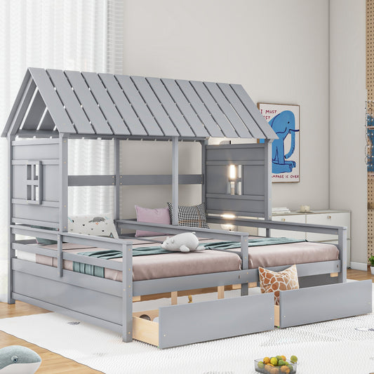 Twin Size House Platform Beds with Two Drawers for Boy and Girl Shared Beds, Combination of 2 Side by Side Twin Size Beds, Gray