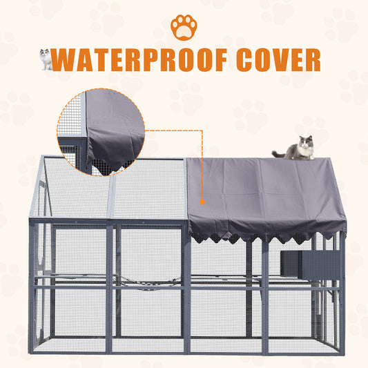 Outdoor Chicken Coop Enclosures 110" Large Kitten Playpen with Platforms,Upgrade Waterproof Cover-GREY