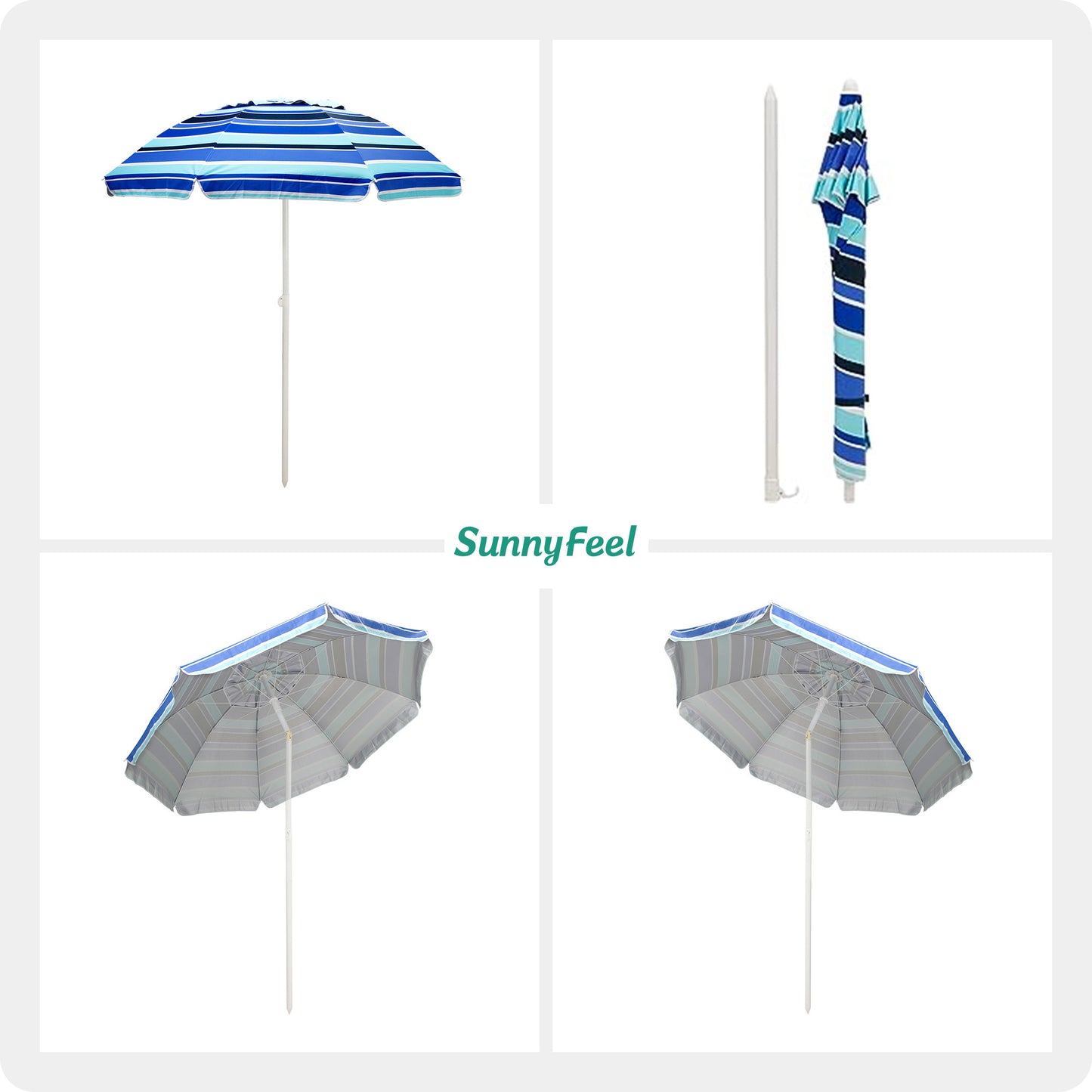 SUNNYFEEL Beach Umbrella 6ft, Portable Outdoor Umbrellas with Carry Bag Sand Anchor Push Button Tilt Pole UPF50+ UV Protection Windproof Sunshade Parasol for Beach, Patio, Yard, Garden