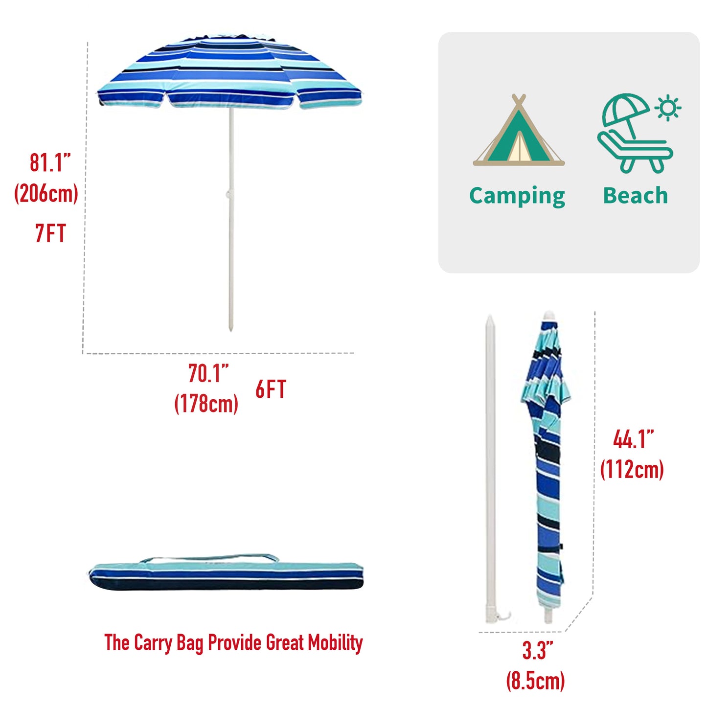 SUNNYFEEL Beach Umbrella 6ft, Portable Outdoor Umbrellas with Carry Bag Sand Anchor Push Button Tilt Pole UPF50+ UV Protection Windproof Sunshade Parasol for Beach, Patio, Yard, Garden