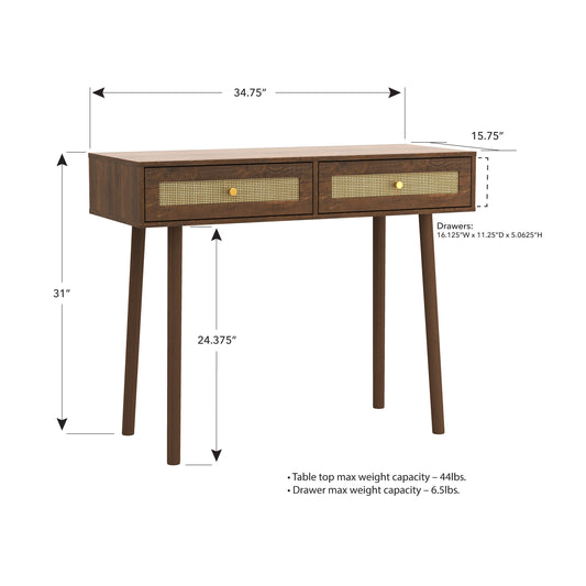 Bohemian Table, 2 Natural Rattan drawers in Walnut