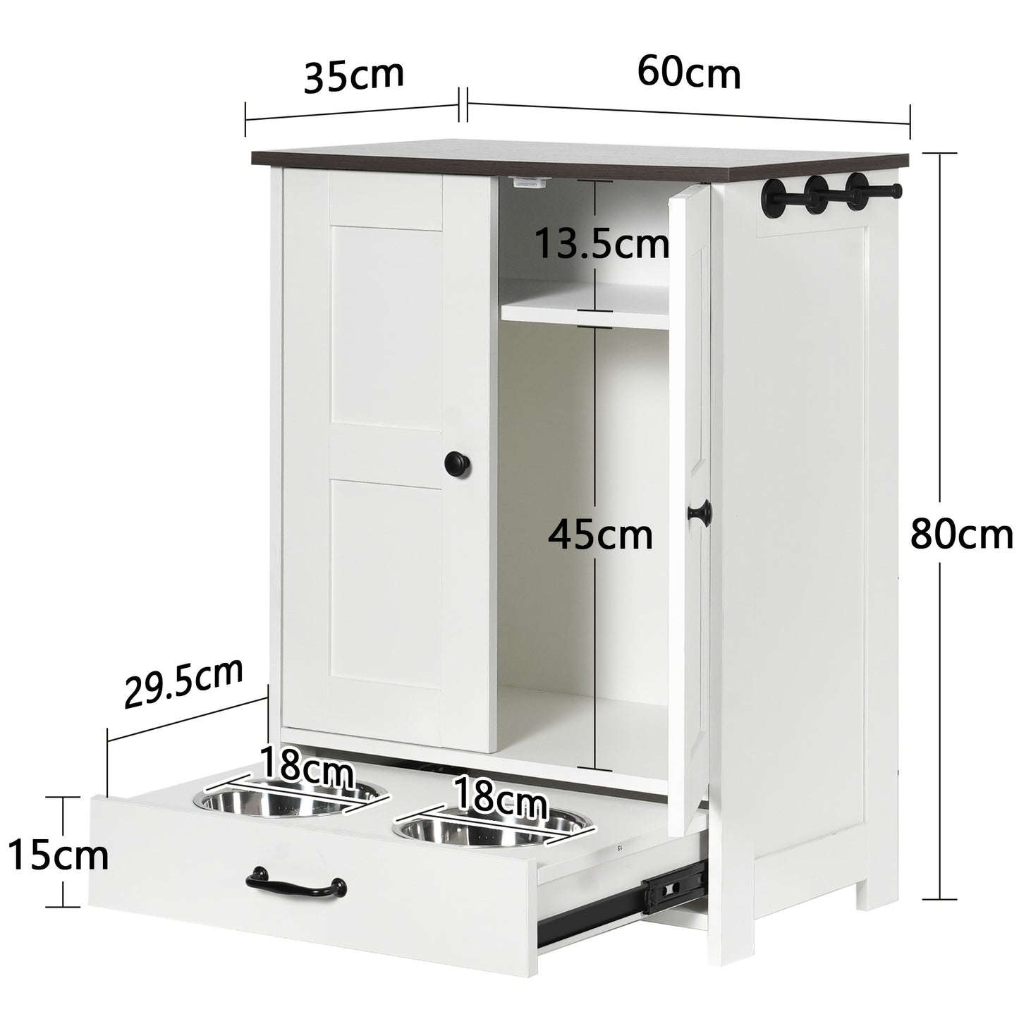 Dog Feeding Station, Dog Food Storage Cabinet with Hidden Dog Bowls, Adjustable Panel, Hooks, for Medium Sized Dogs, White