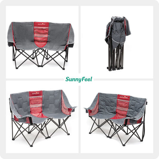 SUNNYFEEL Folding Double Camping Chair, Oversized Loveseat Chair, Heavy Duty Portable/Foldable Lawn Chair with Storage for Outside/Outdoor/Travel/Picnic, Fold Up Camp Chairs for Adults 2 People