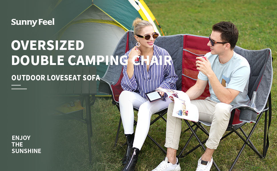 SUNNYFEEL Folding Double Camping Chair, Oversized Loveseat Chair, Heavy Duty Portable/Foldable Lawn Chair with Storage for Outside/Outdoor/Travel/Picnic, Fold Up Camp Chairs for Adults 2 People