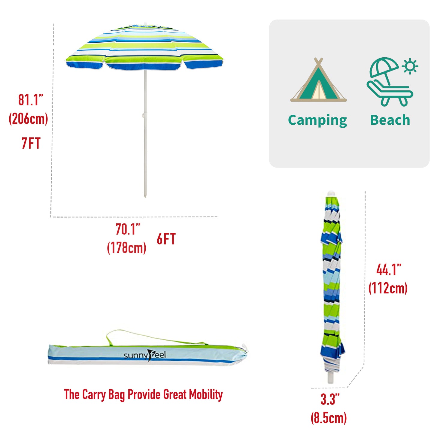 SUNNYFEEL Beach Umbrella 6ft, Portable Outdoor Umbrellas with Carry Bag Sand Anchor Push Button Tilt Pole UPF50+ UV Protection Windproof Sunshade Parasol for Beach, Patio, Yard, Garden