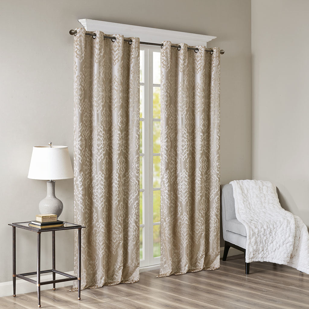 Knitted Jacquard Damask Total Blackout Grommet Top Curtain Panel