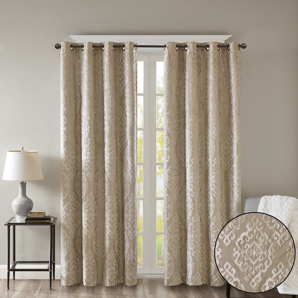 Knitted Jacquard Damask Total Blackout Grommet Top Curtain Panel