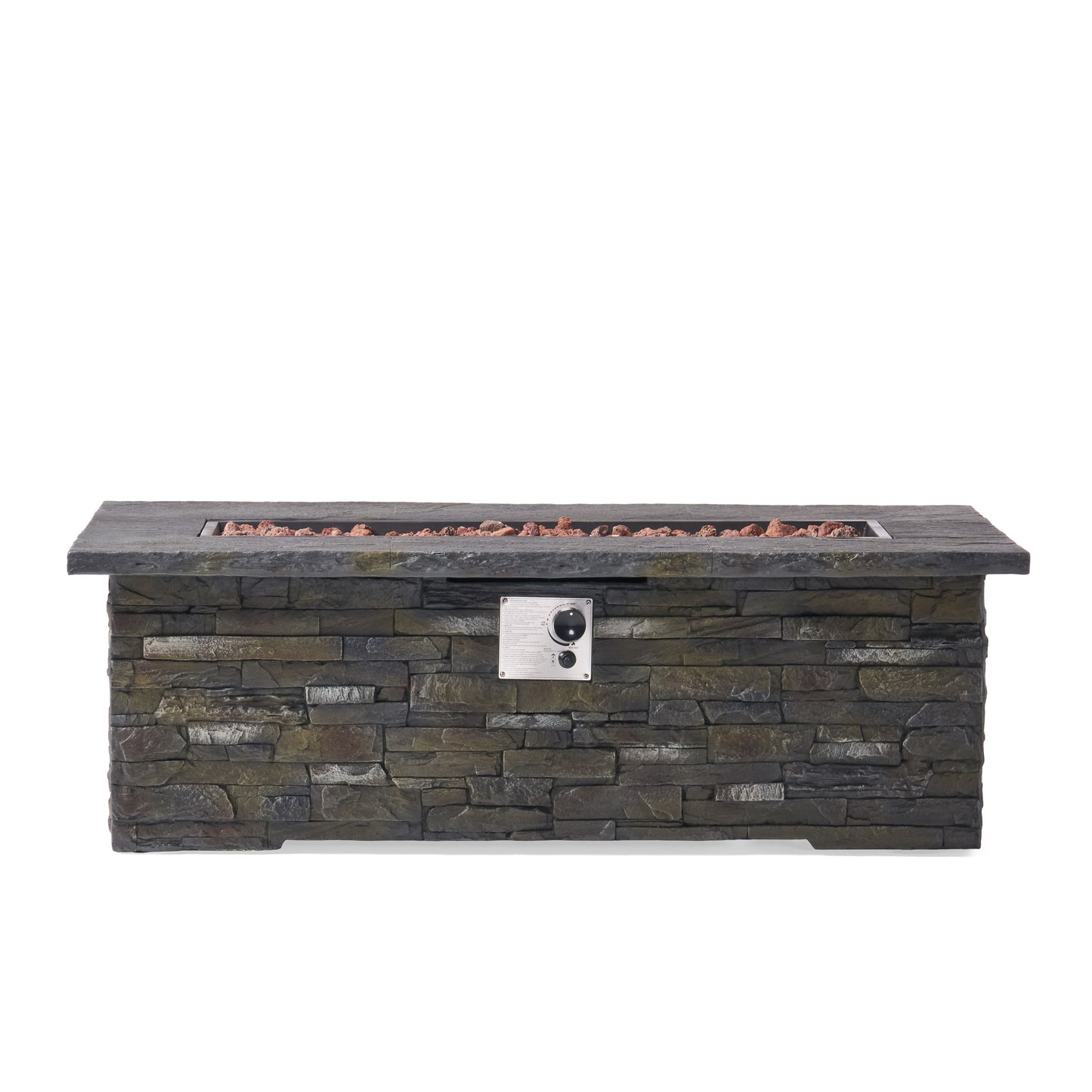 Outdoor Patio Concrete Fire table, Rectangle Gas Burning 56-Inch Fire Pit - 50, 000 BTU, Stone Pattern Fire Table, Grey