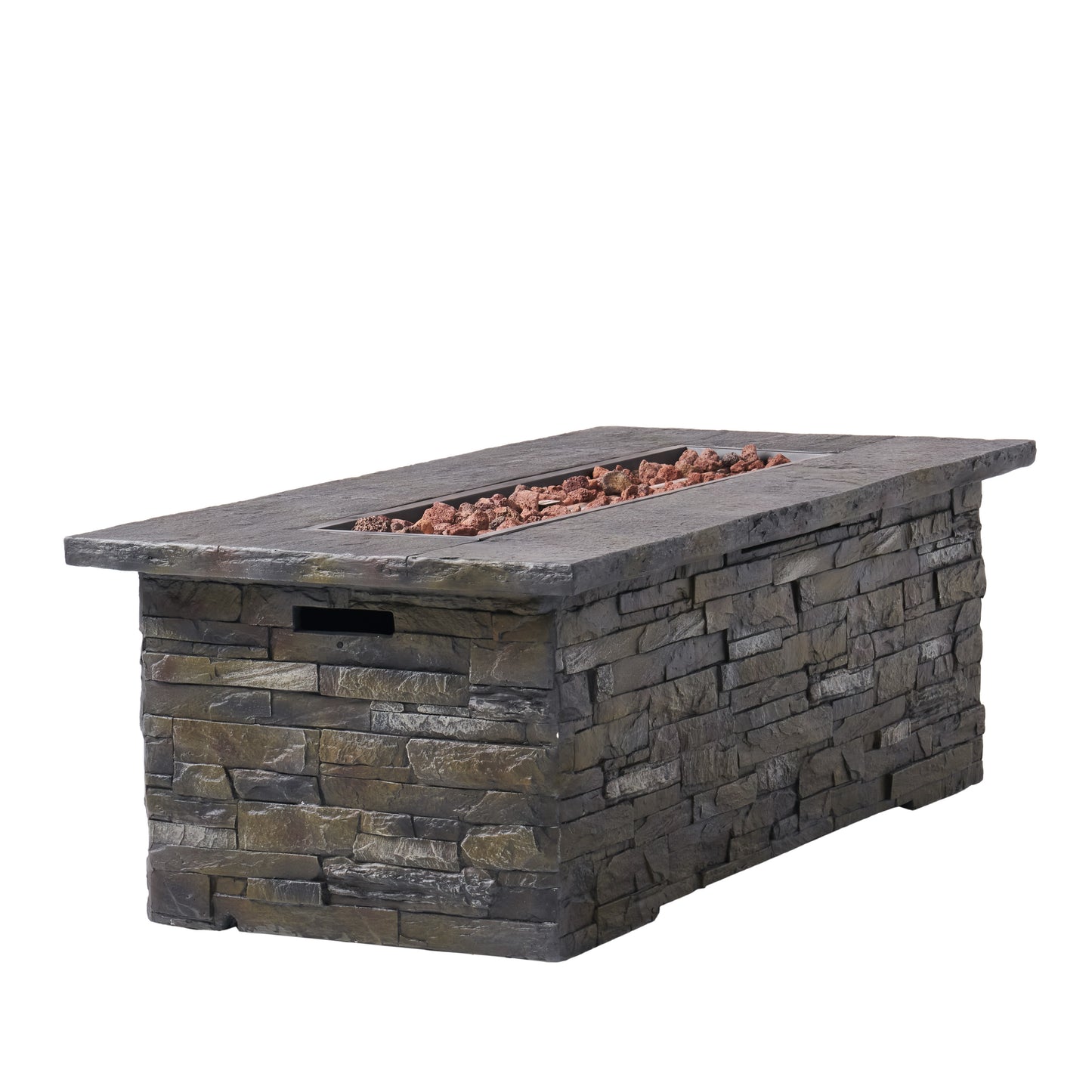 Outdoor Patio Concrete Fire table, Rectangle Gas Burning 56-Inch Fire Pit - 50, 000 BTU, Stone Pattern Fire Table, Grey