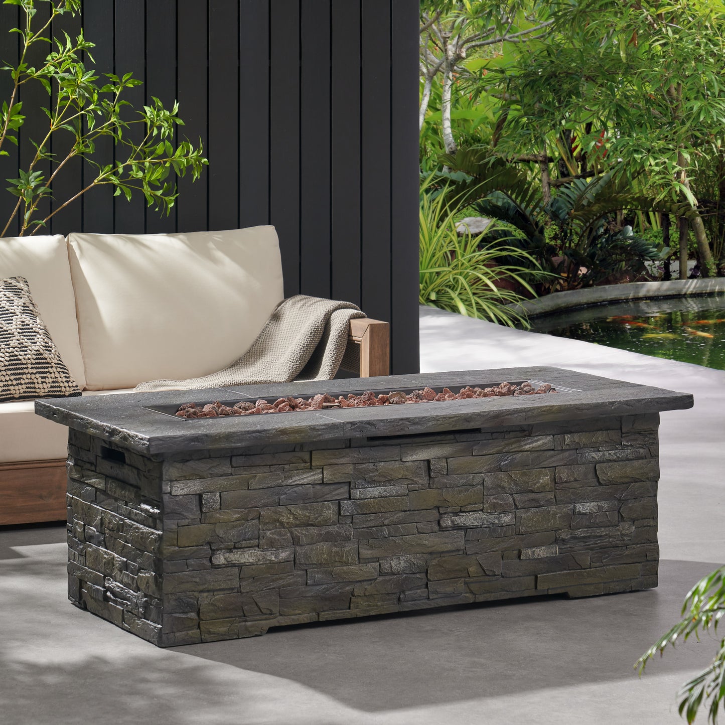 Outdoor Patio Concrete Fire table, Rectangle Gas Burning 56-Inch Fire Pit - 50, 000 BTU, Stone Pattern Fire Table, Grey