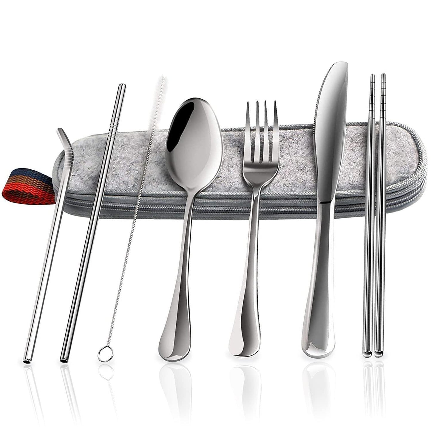 8Pcs Travel Silverware Set with Case Portable Utensils for Lunch Box Silverware Camping Cutlery Brush Stainless Steel Cutlery for Work Office Knife Fork Spoon Travel Set Chopstick Silverware Set