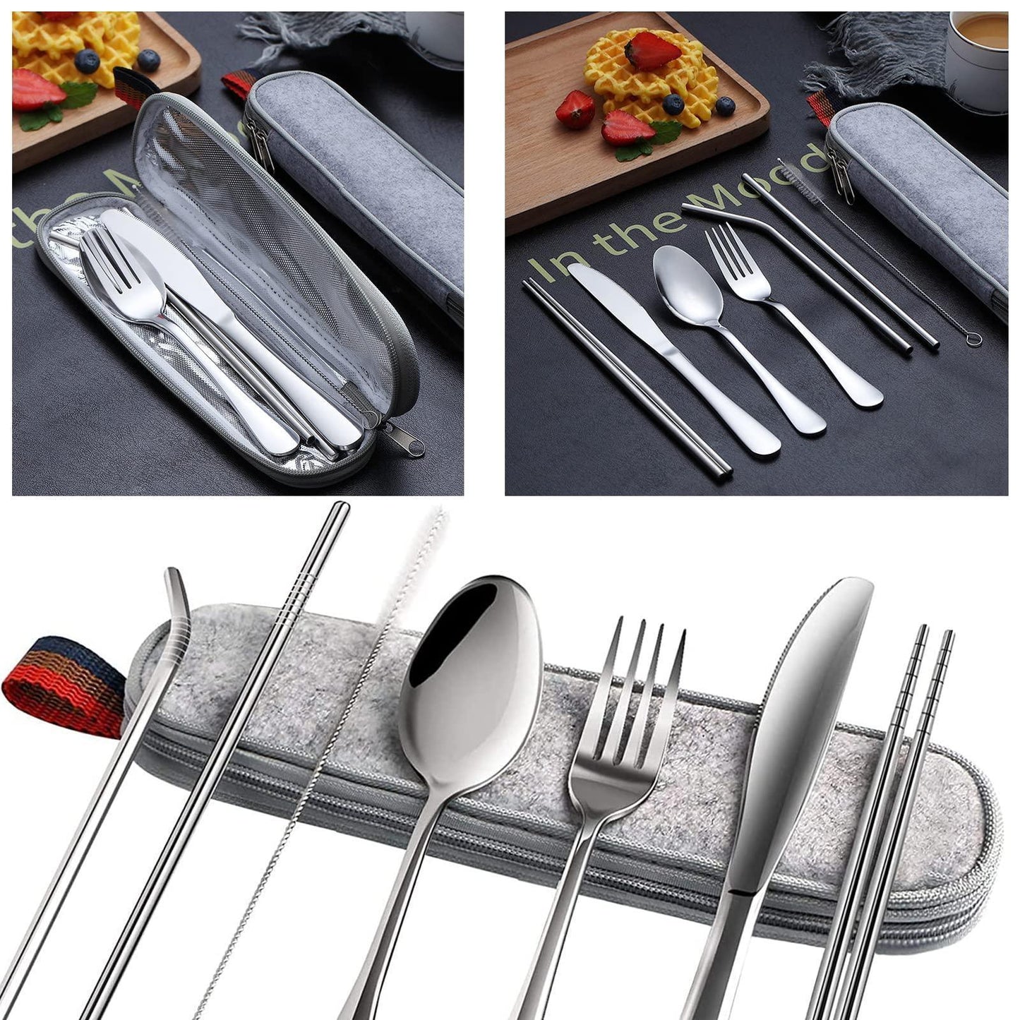 8Pcs Travel Silverware Set with Case Portable Utensils for Lunch Box Silverware Camping Cutlery Brush Stainless Steel Cutlery for Work Office Knife Fork Spoon Travel Set Chopstick Silverware Set