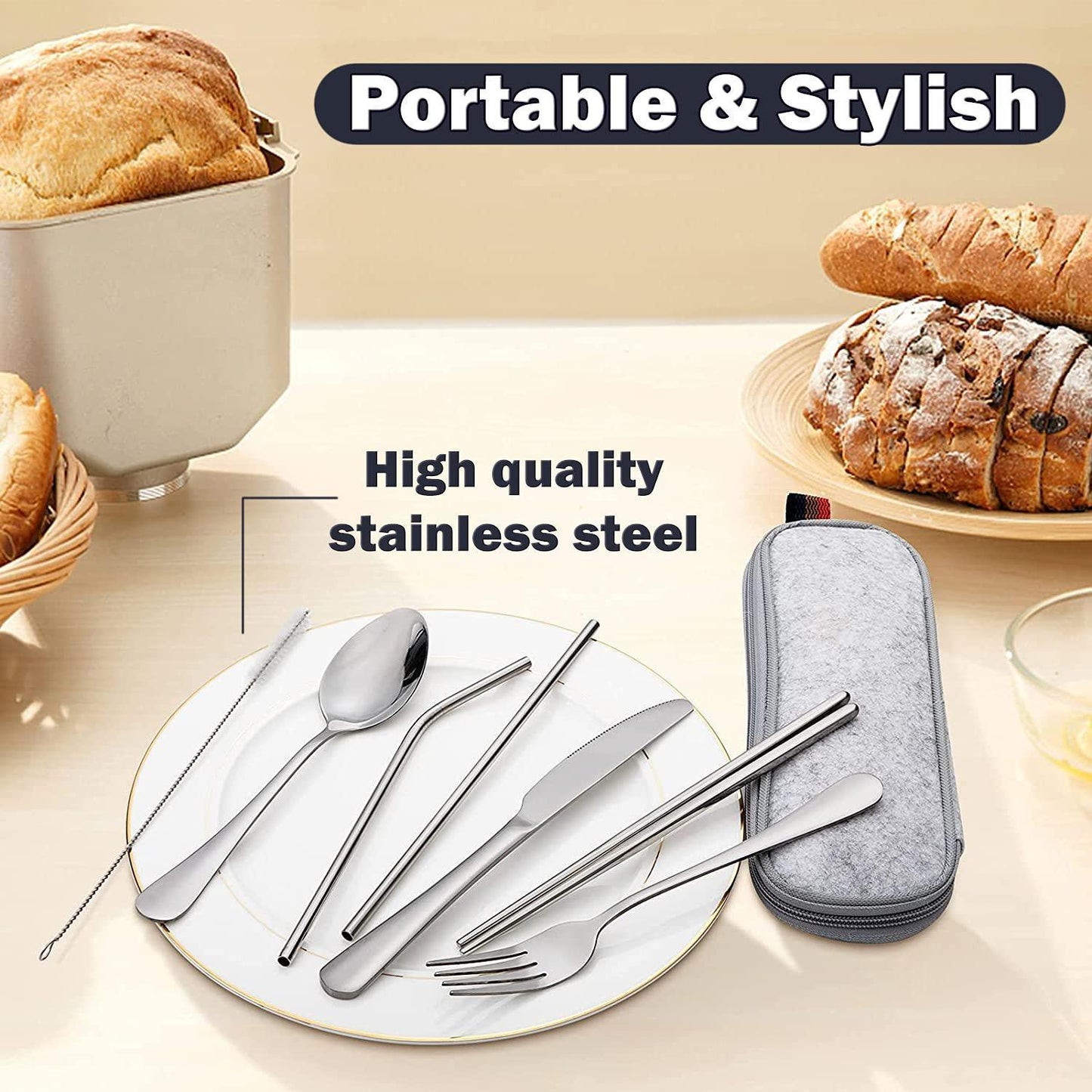 8Pcs Travel Silverware Set with Case Portable Utensils for Lunch Box Silverware Camping Cutlery Brush Stainless Steel Cutlery for Work Office Knife Fork Spoon Travel Set Chopstick Silverware Set