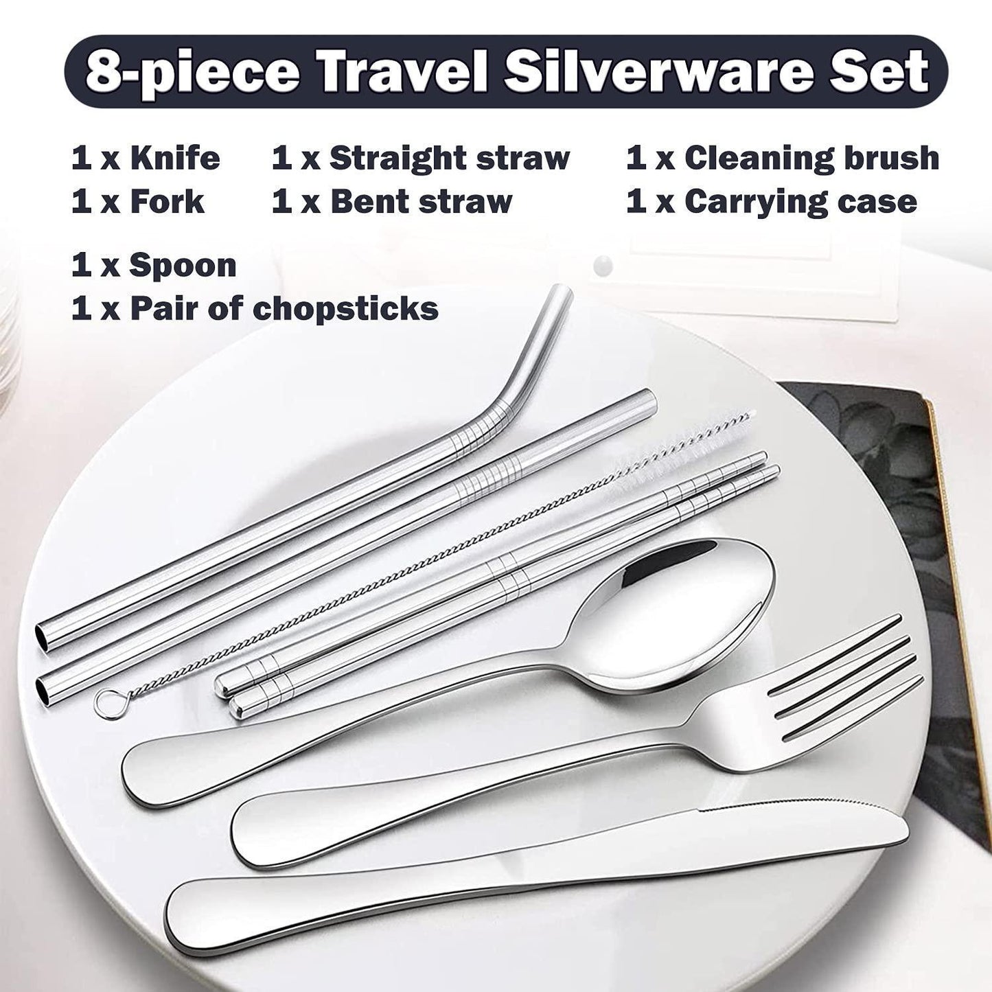 8Pcs Travel Silverware Set with Case Portable Utensils for Lunch Box Silverware Camping Cutlery Brush Stainless Steel Cutlery for Work Office Knife Fork Spoon Travel Set Chopstick Silverware Set