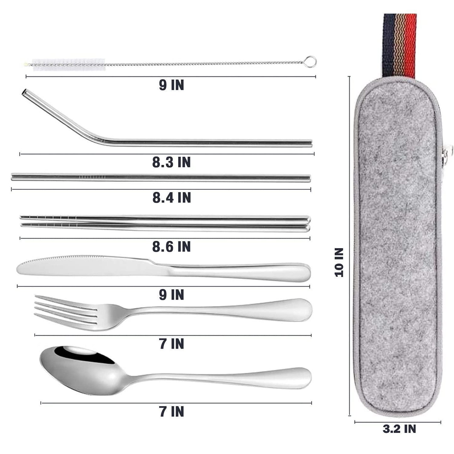 8Pcs Travel Silverware Set with Case Portable Utensils for Lunch Box Silverware Camping Cutlery Brush Stainless Steel Cutlery for Work Office Knife Fork Spoon Travel Set Chopstick Silverware Set