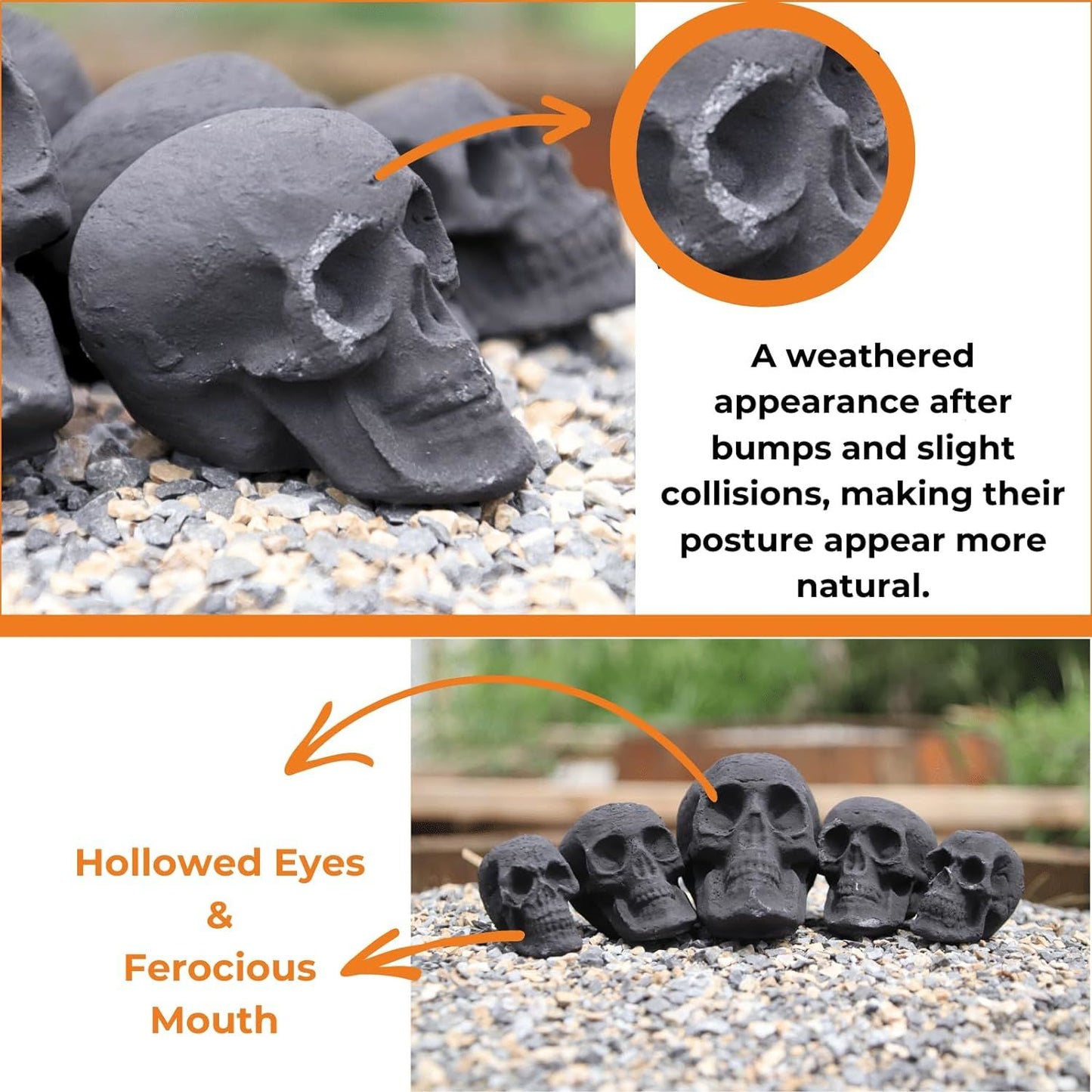 Ceramic Skulls for Fire Pit, Outdoor Fire Tables, 7pcs Reusable Spooky Imitated Human Skull Gas Log for Party, Bonfire,Campfires,Fireplaces, 3 inch