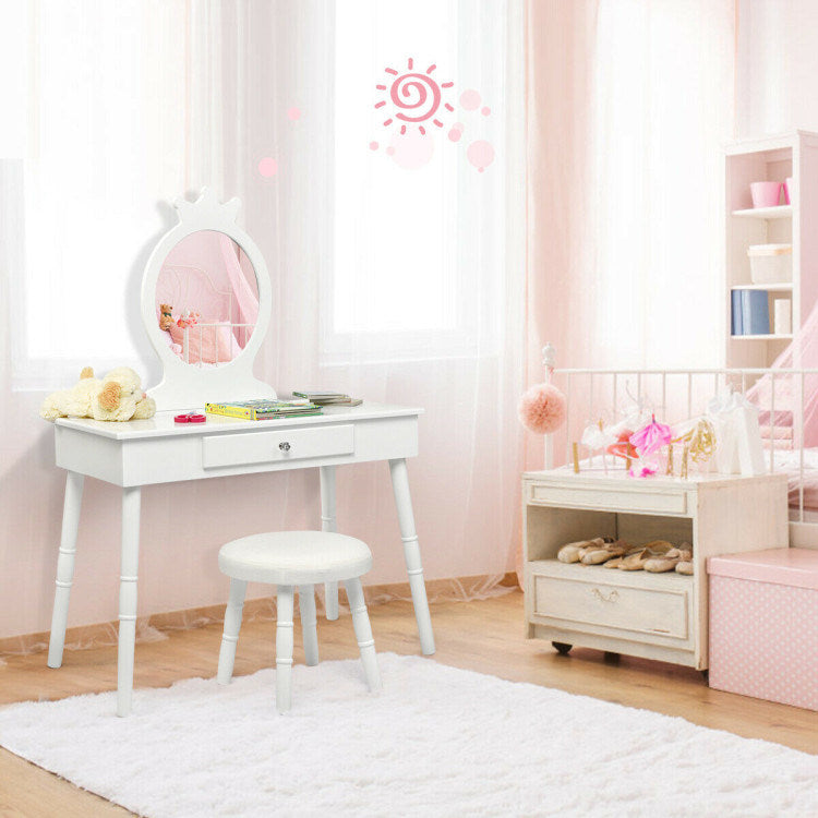 Kids Wooden Princess Makeup Table with Cushioned Stool