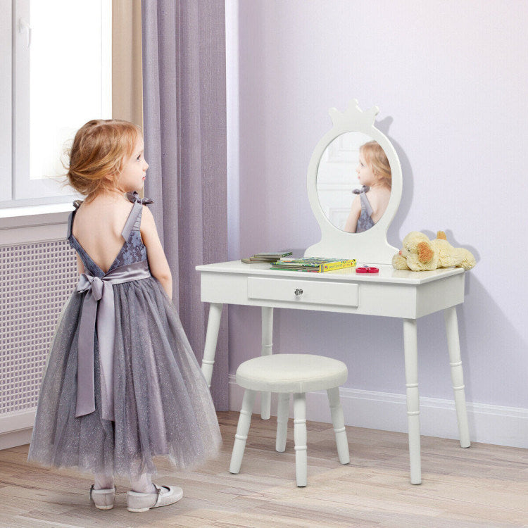 Kids Wooden Princess Makeup Table with Cushioned Stool