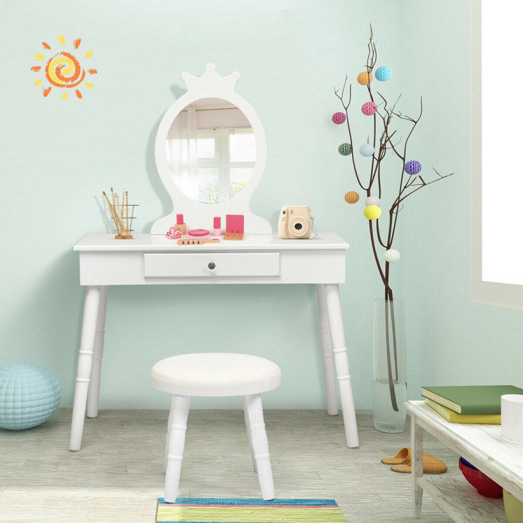 Kids Wooden Princess Makeup Table with Cushioned Stool