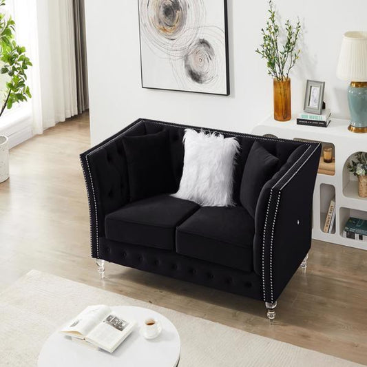 LTL, Black, Velvet, Two-Seater Sofa, Acrylic Feet, Cushion Combination Lounge Sofa, Deep Tufted Button Luxury Sofa for Living Room