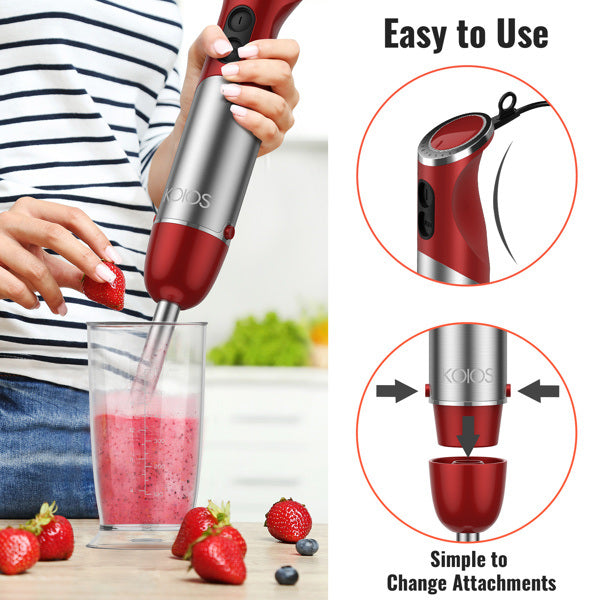 KOIOS Immersion Blender, Upgraded 5-in-1 Handheld Blender 1000W 12 Speed with Turbo Mode, Stick Blender,600ml Mixing Beaker,500ml Food Processor, Whisk, Milk Frother, BPA-Free, Red