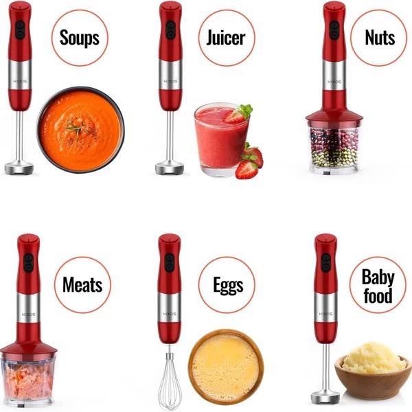 KOIOS Immersion Blender, Upgraded 5-in-1 Handheld Blender 1000W 12 Speed with Turbo Mode, Stick Blender,600ml Mixing Beaker,500ml Food Processor, Whisk, Milk Frother, BPA-Free, Red