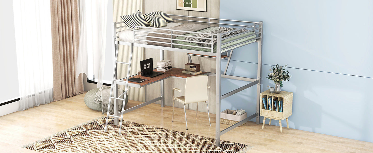 Full Size Loft Metal&MDF Bed with Desk and Shelf,