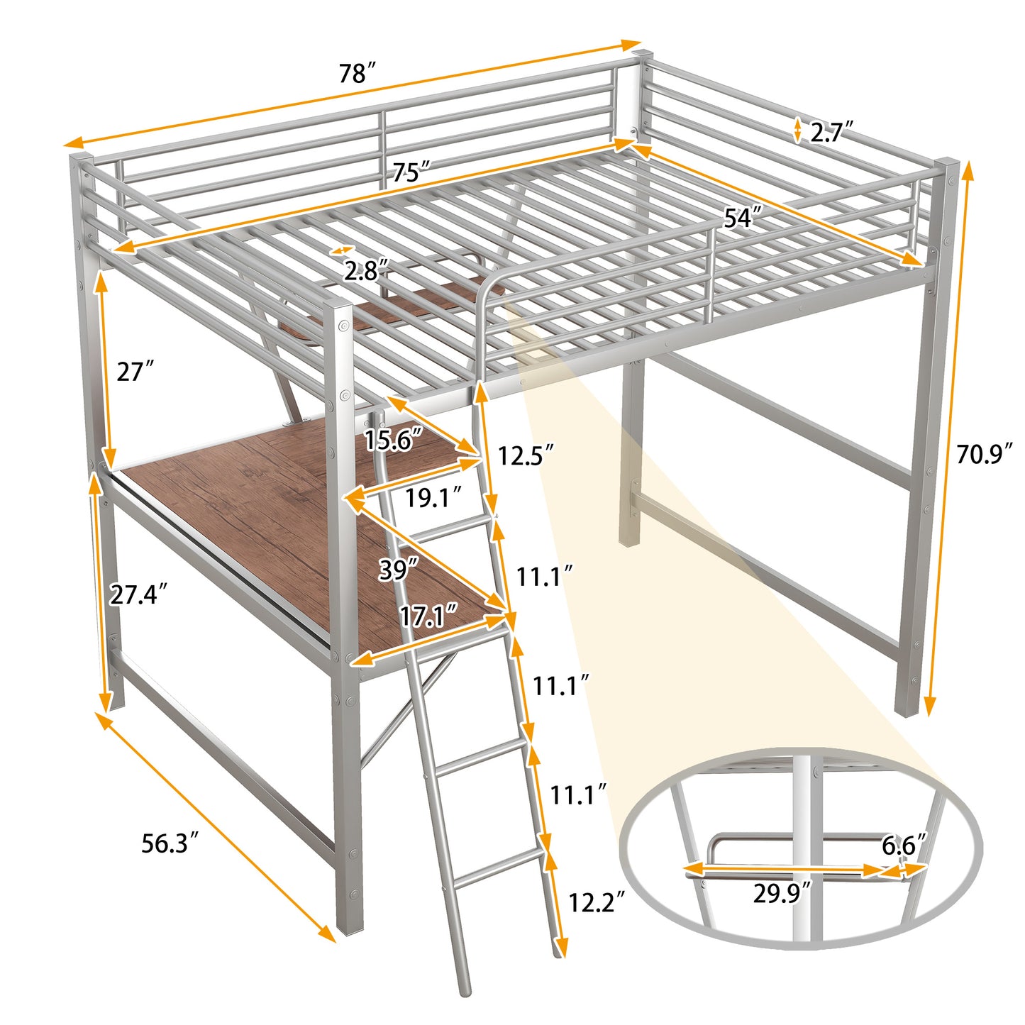 Full Size Loft Metal&MDF Bed with Desk and Shelf,