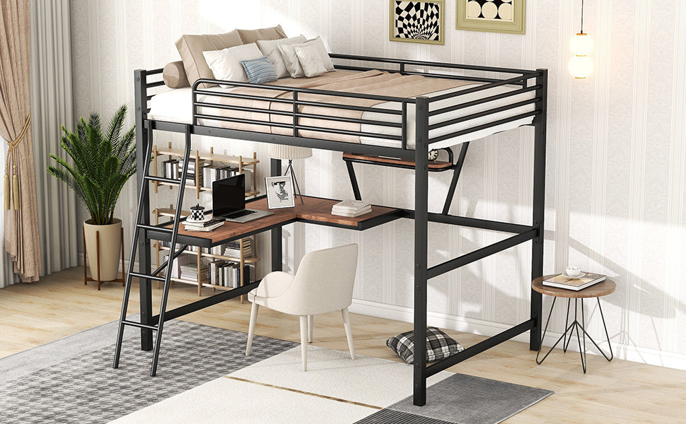 Full Size Loft Metal&MDF Bed with Desk and Shelf,