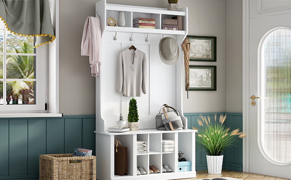 Hall Tree with 6 Hooks , Coat Hanger, Entryway Bench, Storage Bench, 3-in-1 Design, 39.4INCH, for Entrance, Hallway