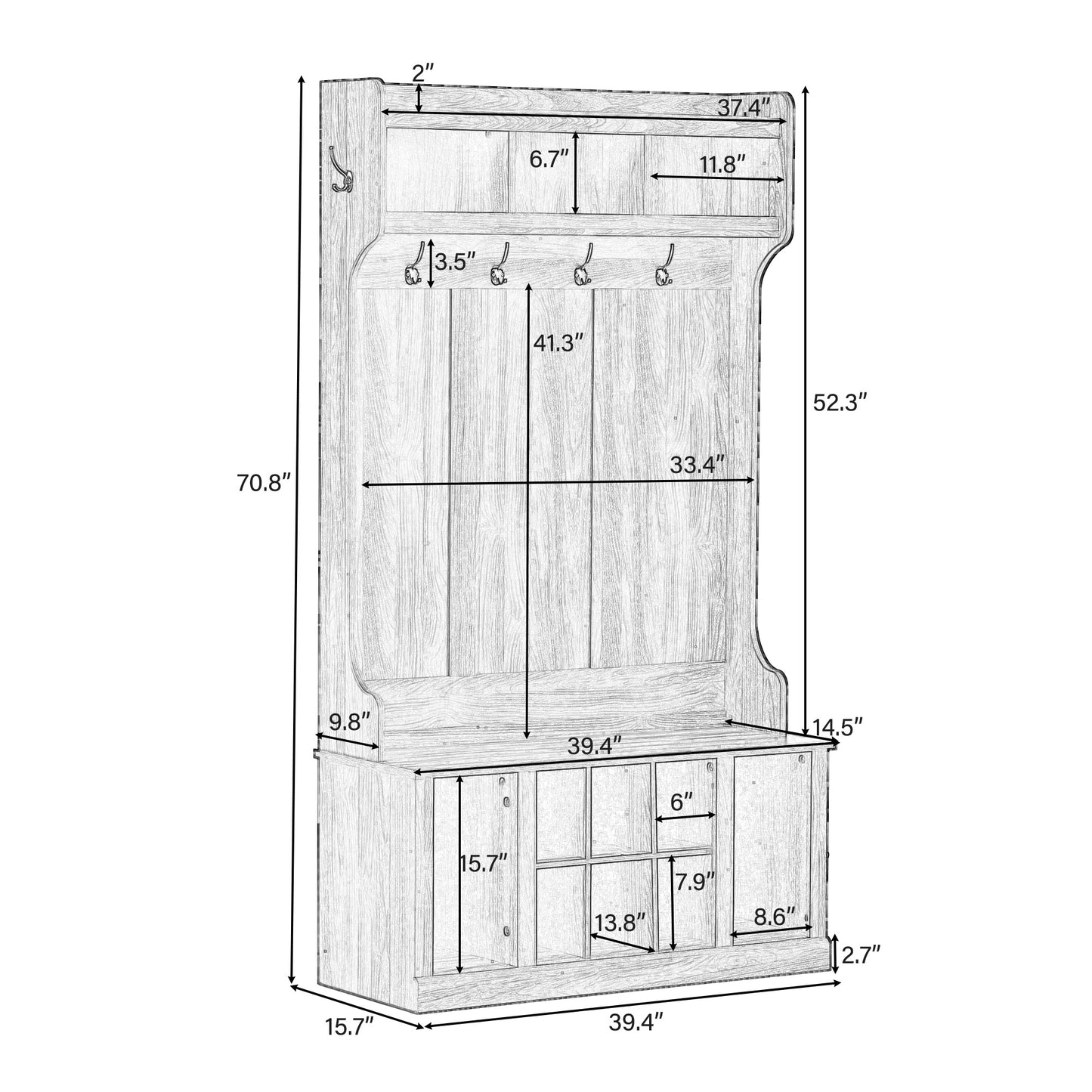 Hall Tree with 6 Hooks , Coat Hanger, Entryway Bench, Storage Bench, 3-in-1 Design, 39.4INCH, for Entrance, Hallway