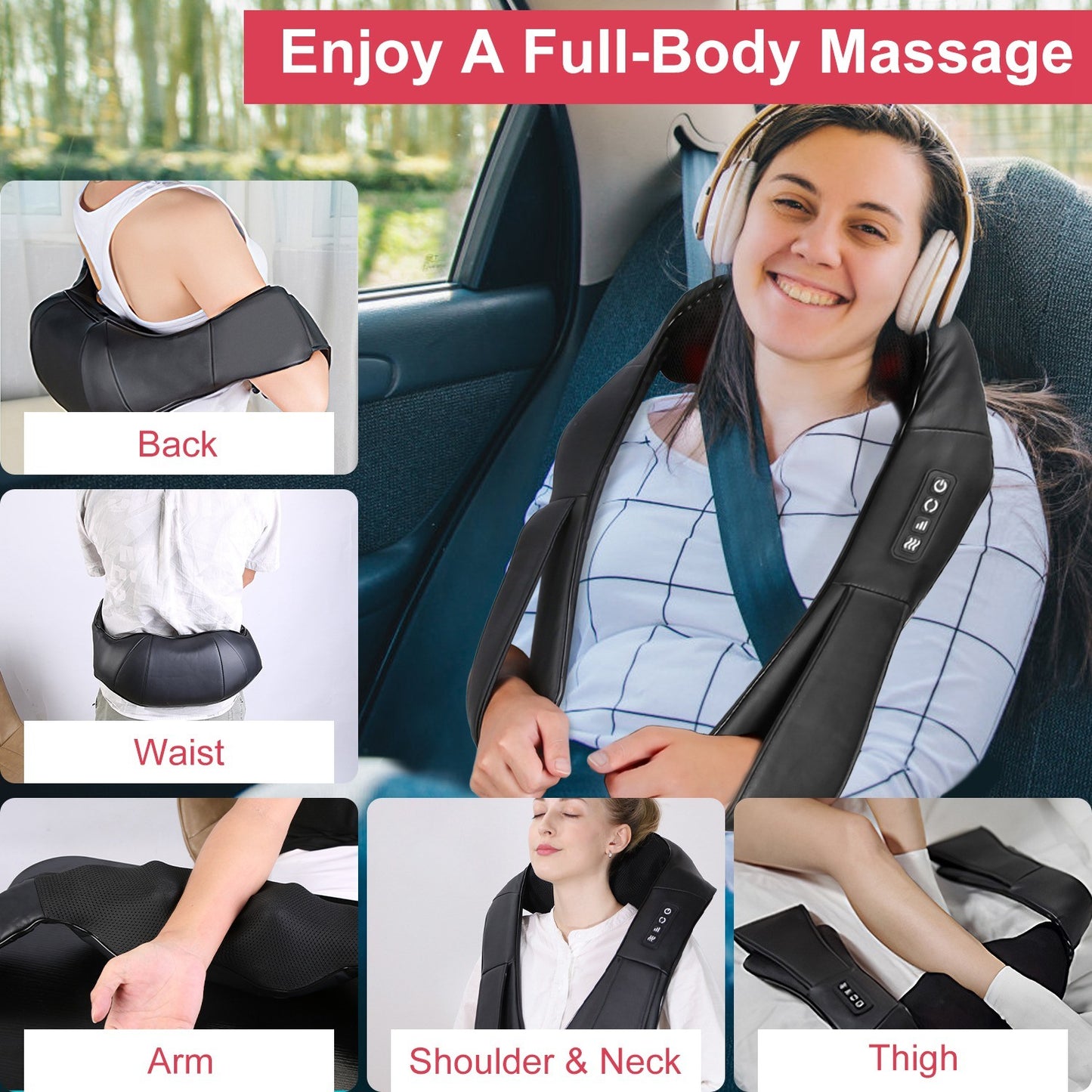 Electric Neck And Back Massager with Infrared Light Heating 3 Intensity Levels Deep Kneading 3D Shiatsu Massage Pillow For Back Arms Thighs Pain Relief Home Car Office