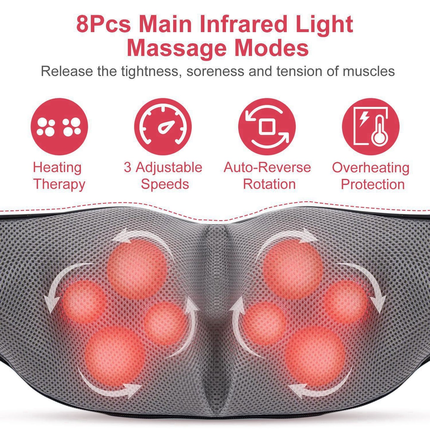 Electric Neck And Back Massager with Infrared Light Heating 3 Intensity Levels Deep Kneading 3D Shiatsu Massage Pillow For Back Arms Thighs Pain Relief Home Car Office