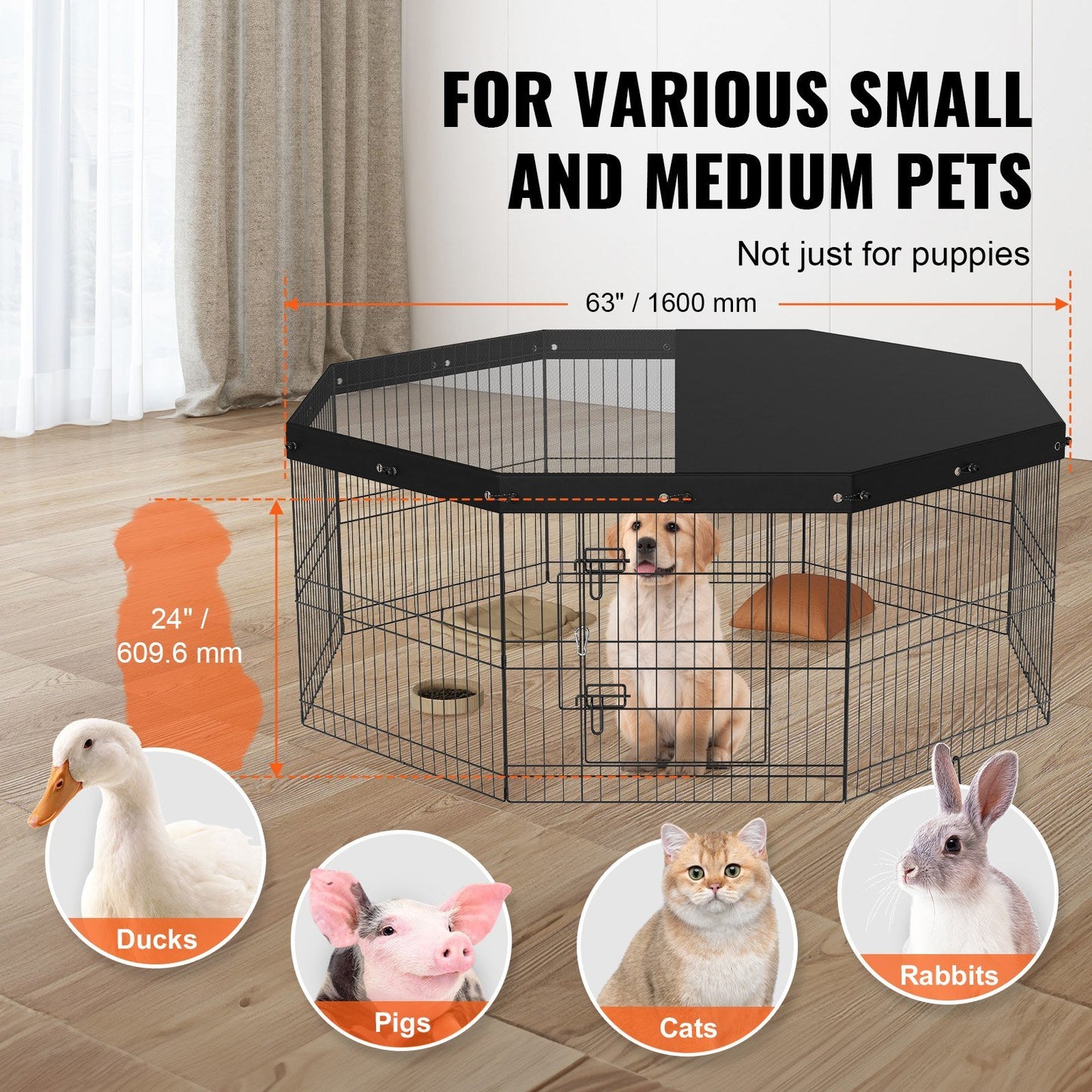 VEVOR Dog Playpen, 8 Panels Foldable Metal Dog Exercise Pen with Top Cover, 24" H Pet Fence Puppy Crate Kennel with Ground Stakes, Indoor Outdoor Dog Pen for Small Medium Pets, for Camping, Yard