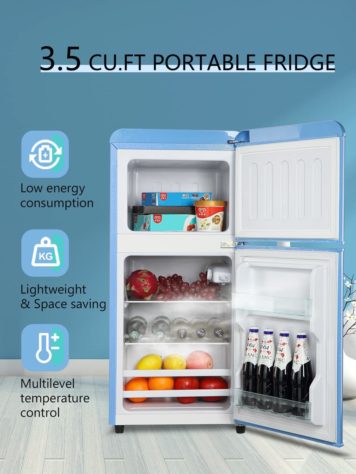 KRIB BLING 3.5Cu.Ft Compact Refrigerator Mini Fridge with Freezer, Small Refrigerator with 2 Door, 7 Level Thermostat Removable Shelves for Kitchen, Dorm, Apartment, Bar, Office, Silver/Black/Blue