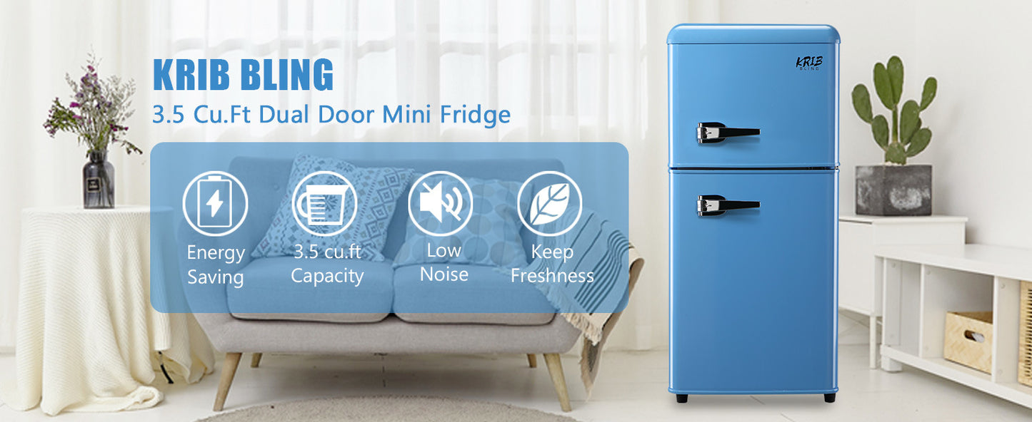 KRIB BLING 3.5Cu.Ft Compact Refrigerator Mini Fridge with Freezer, Small Refrigerator with 2 Door, 7 Level Thermostat Removable Shelves for Kitchen, Dorm, Apartment, Bar, Office, Silver/Black/Blue