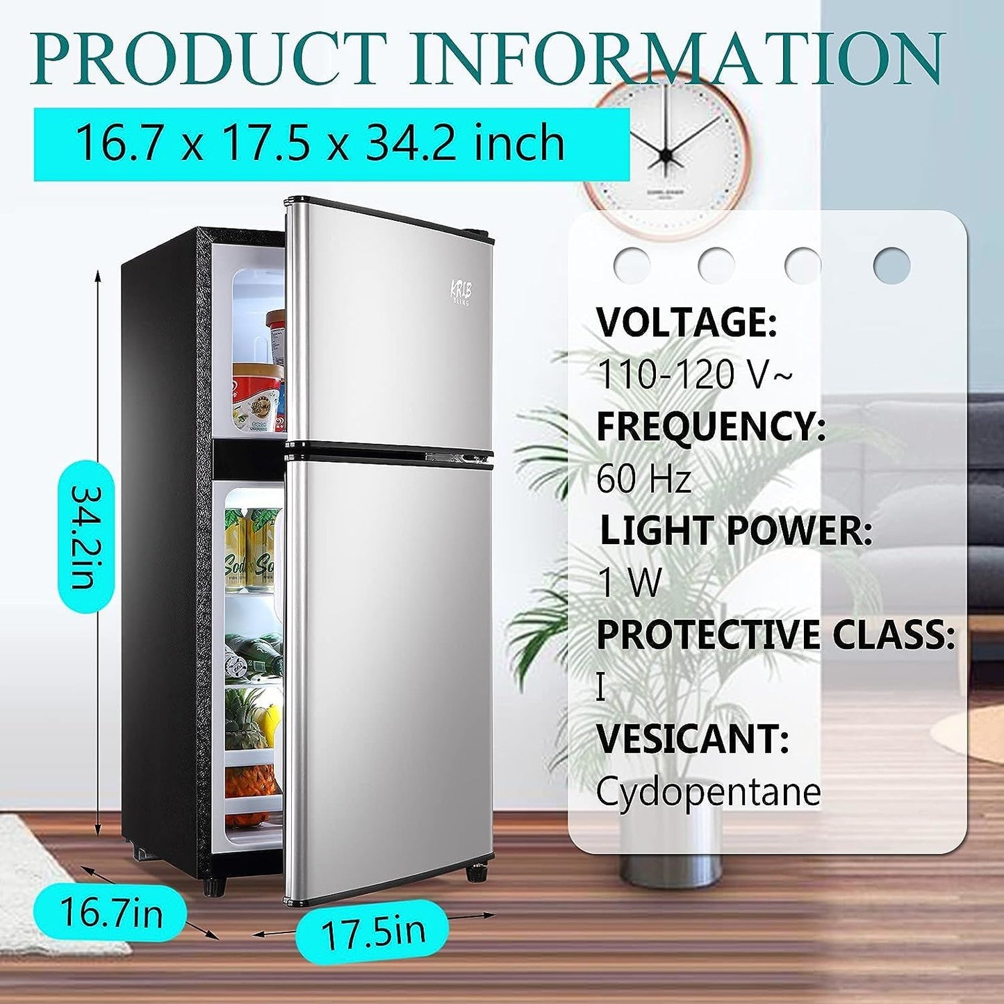 KRIB BLING 3.5Cu.Ft Compact Refrigerator Mini Fridge with Freezer, Small Refrigerator with 2 Door, 7 Level Thermostat Removable Shelves for Kitchen, Dorm, Apartment, Bar, Office, Silver/Black/Blue