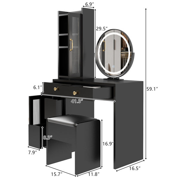 Modern Makeup Vanity Table Set with Side Cabinet and LED Mirror, Retractable Dressing Table with Power Outlets, 3 Light Colors