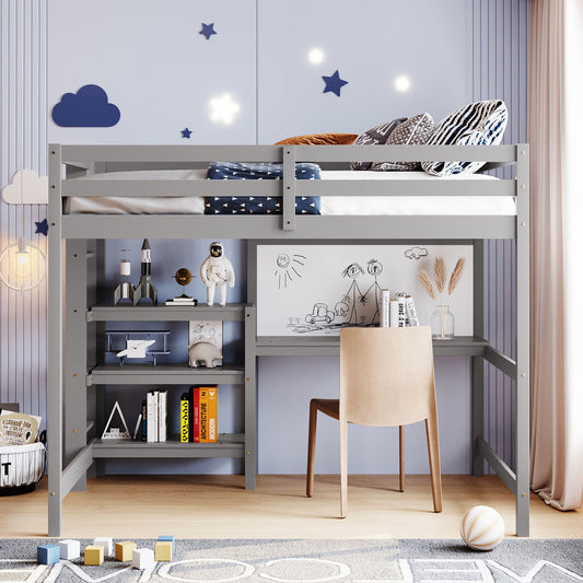 Full Size Wooden Loft Bed with Shelves, Desk and Writing Board