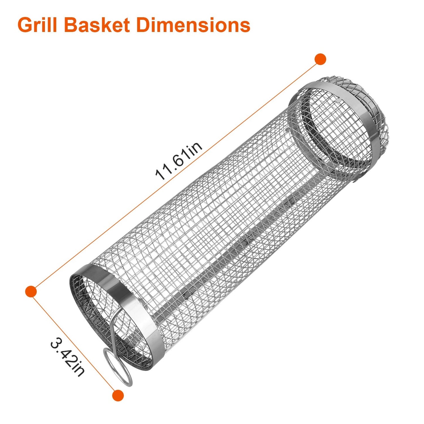 2Pcs 3.42x11.61Inch Portable BBQ Rolling Basket Round Stainless Steel Grill Mesh Barbecue Net Tube with Removable Cover Outdoor Camping